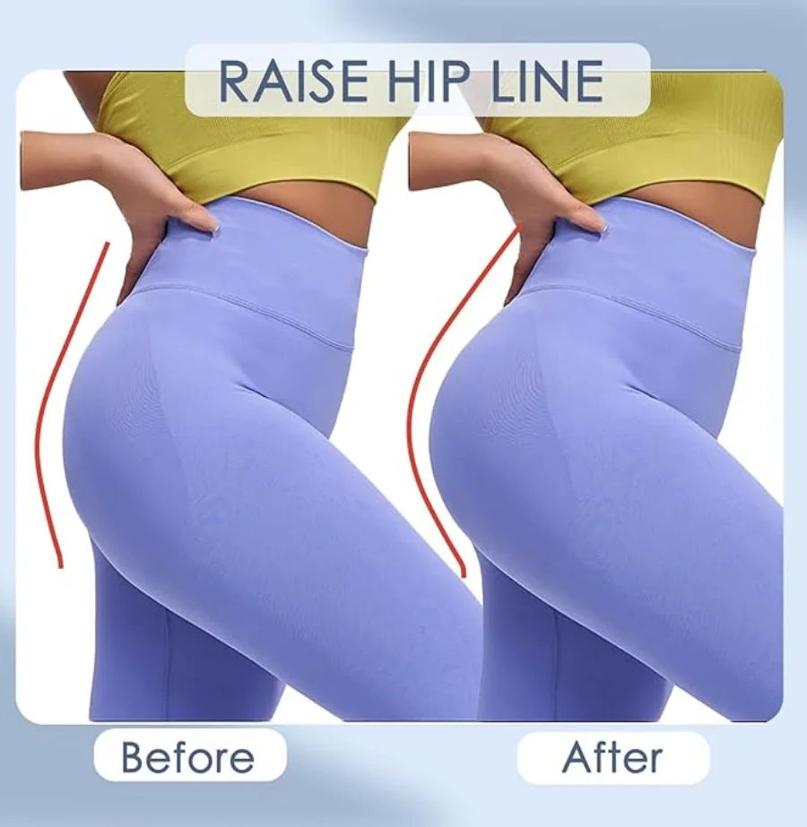 Before and after comparison of a person wearing purple leggings with text 'Raise Hip Line' on a light blue background.