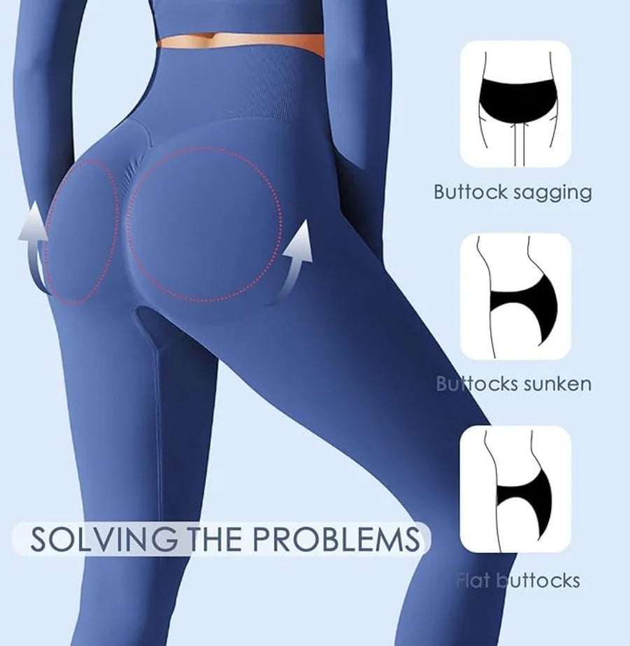 Before and after comparison of a person wearing purple leggings with text 'Raise Hip Line' on a light blue background.